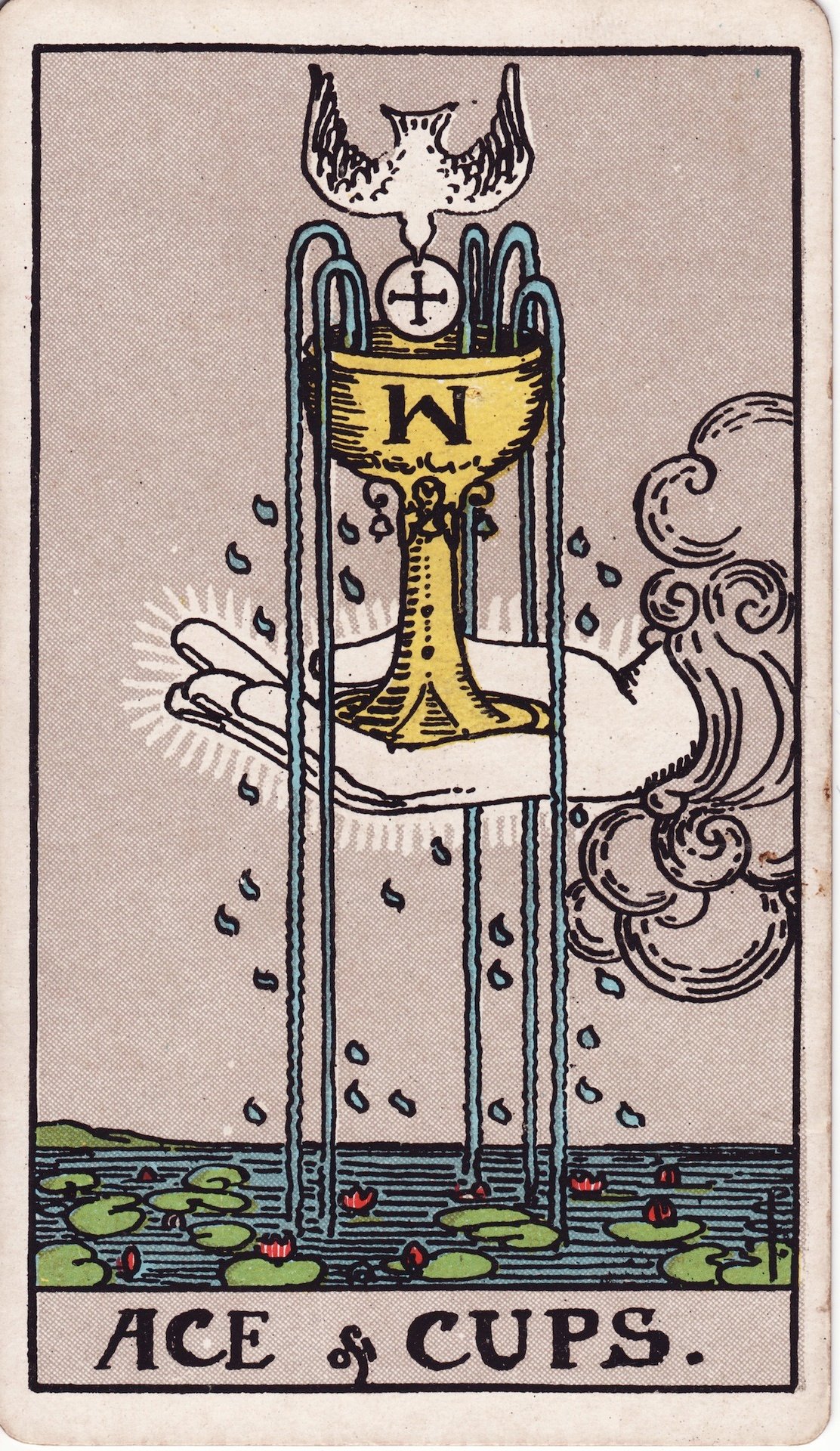 The Ace of Cups from the Rider-Waite-Smith deck: a hand emerging from a cloud holds a golden chalice, a dove descending above it.