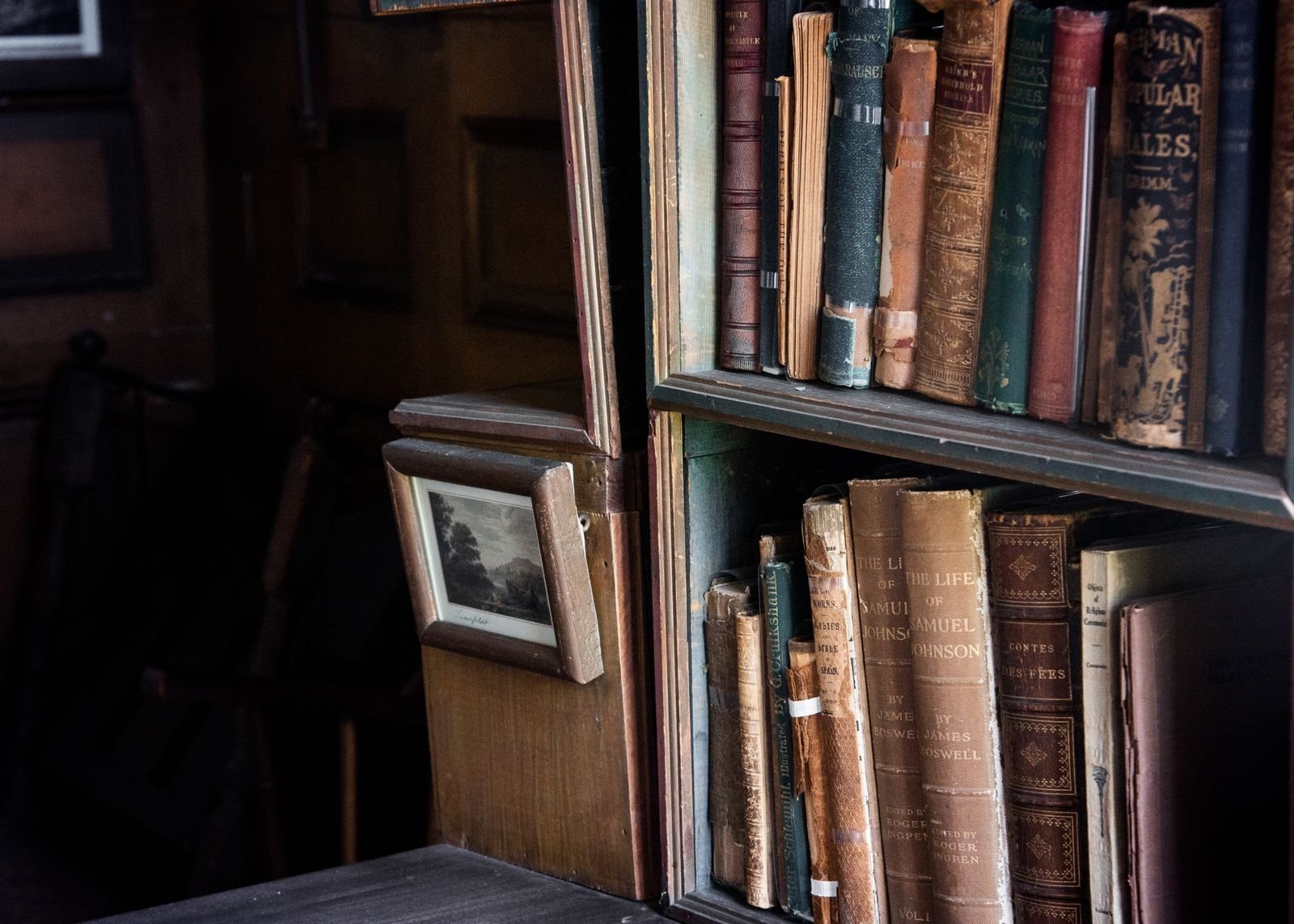 Old books on a wooden bookshelf, including a copy of The Life of Samuel Johnson, with a small framed print beside them.