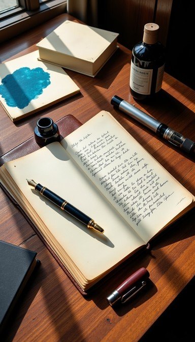 A pen resting on an open notebook beside a sheet of paper.
