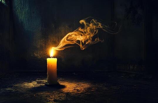 A burning candle in a dark room with smoke rising.