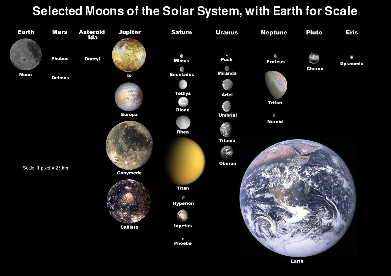 A chart of selected moons of the solar system shown to scale beside Earth