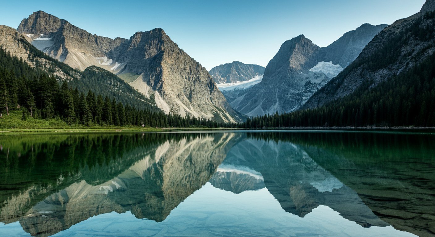 Calm lake reflecting mountains under a clear blue sky