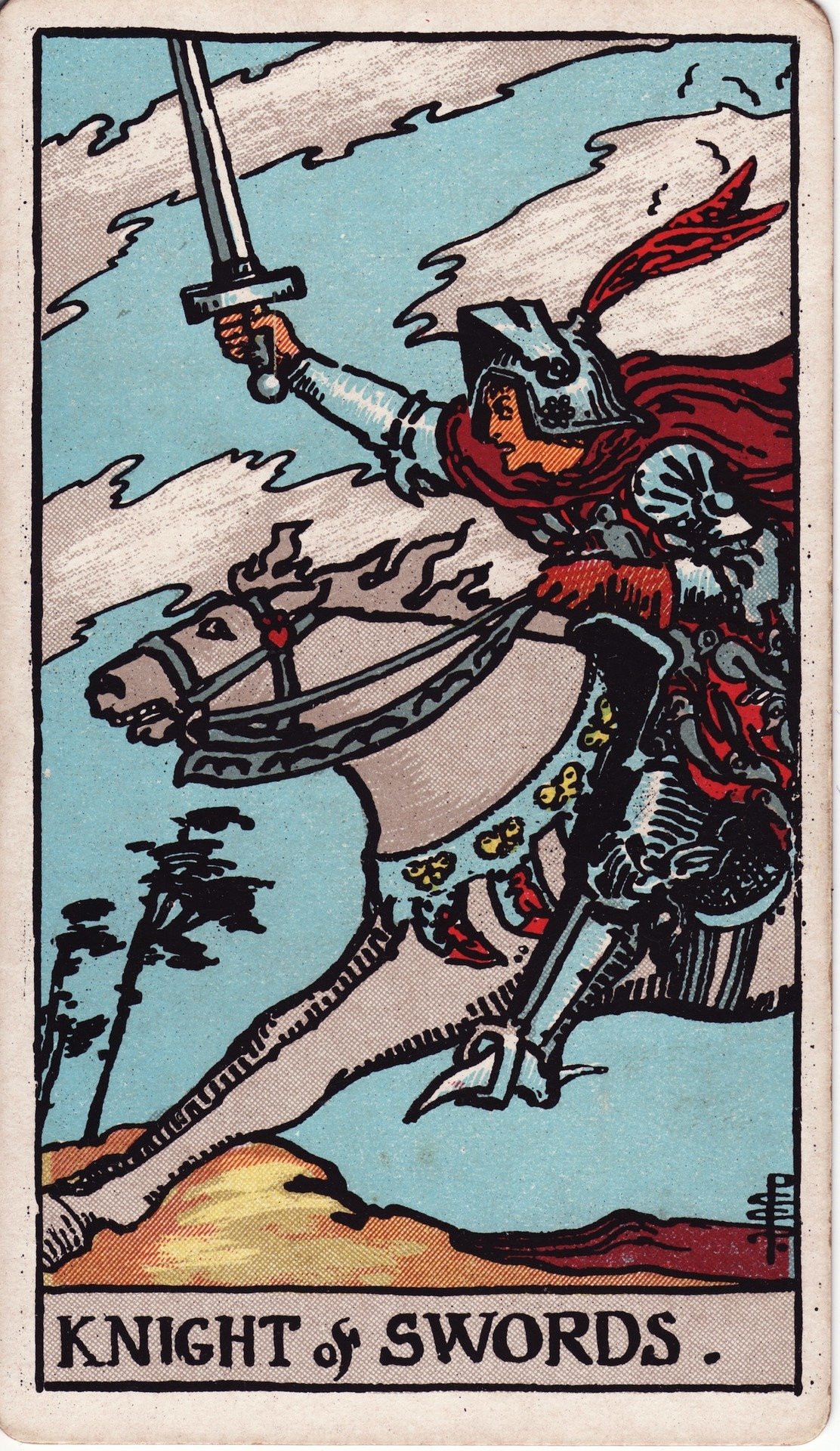 The Knight of Swords card from the Rider-Waite tarot deck.