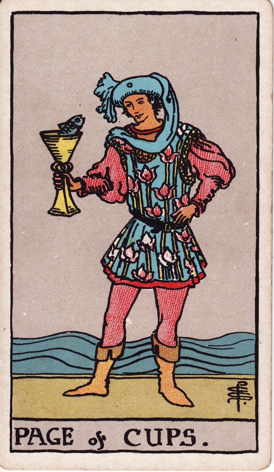 The Page of Cups from the Rider-Waite-Smith tarot deck: a young person in a blue tunic holds a golden cup from which a small fish emerges, waves behind.