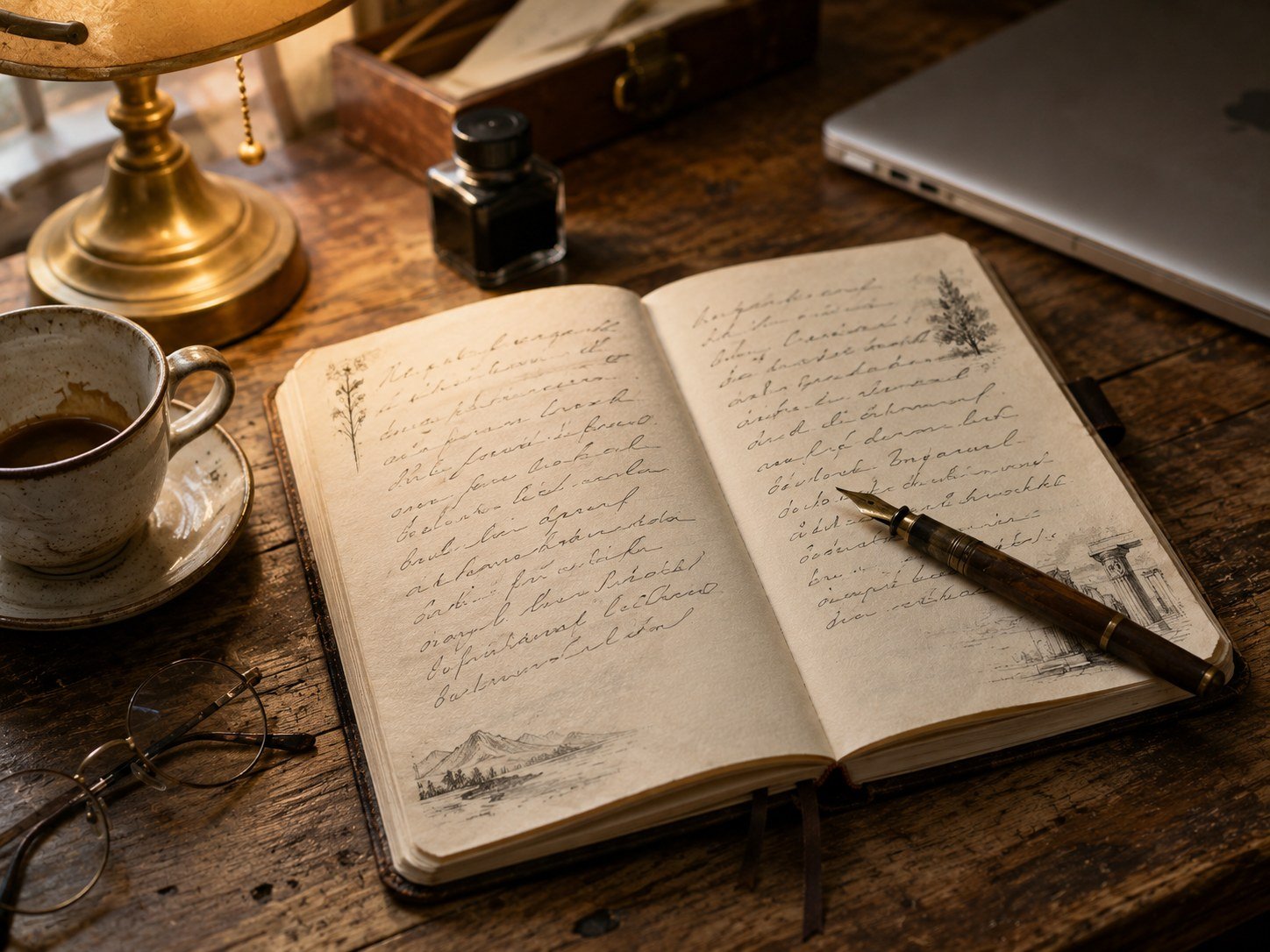 Open handwritten journal with a fountain pen, ink bottle, and coffee cup on a wooden desk under warm lamplight