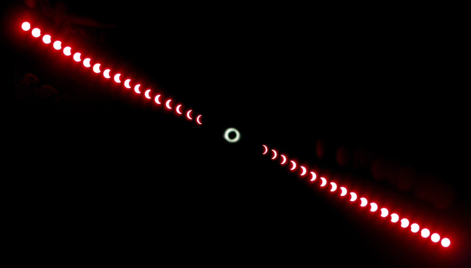 A composite photograph of the total solar eclipse of August 1, 2008: a diagonal trail of red-filtered sun disks shrinking to a bright ring of totality and then waxing full again.