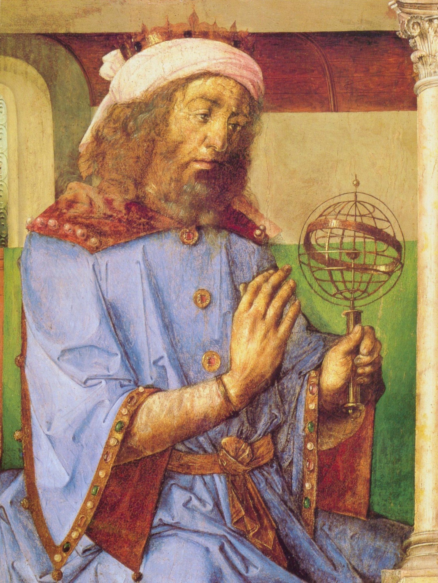 Renaissance-style portrait of Ptolemy, a bearded man in a turban and blue robe holding a small armillary sphere
