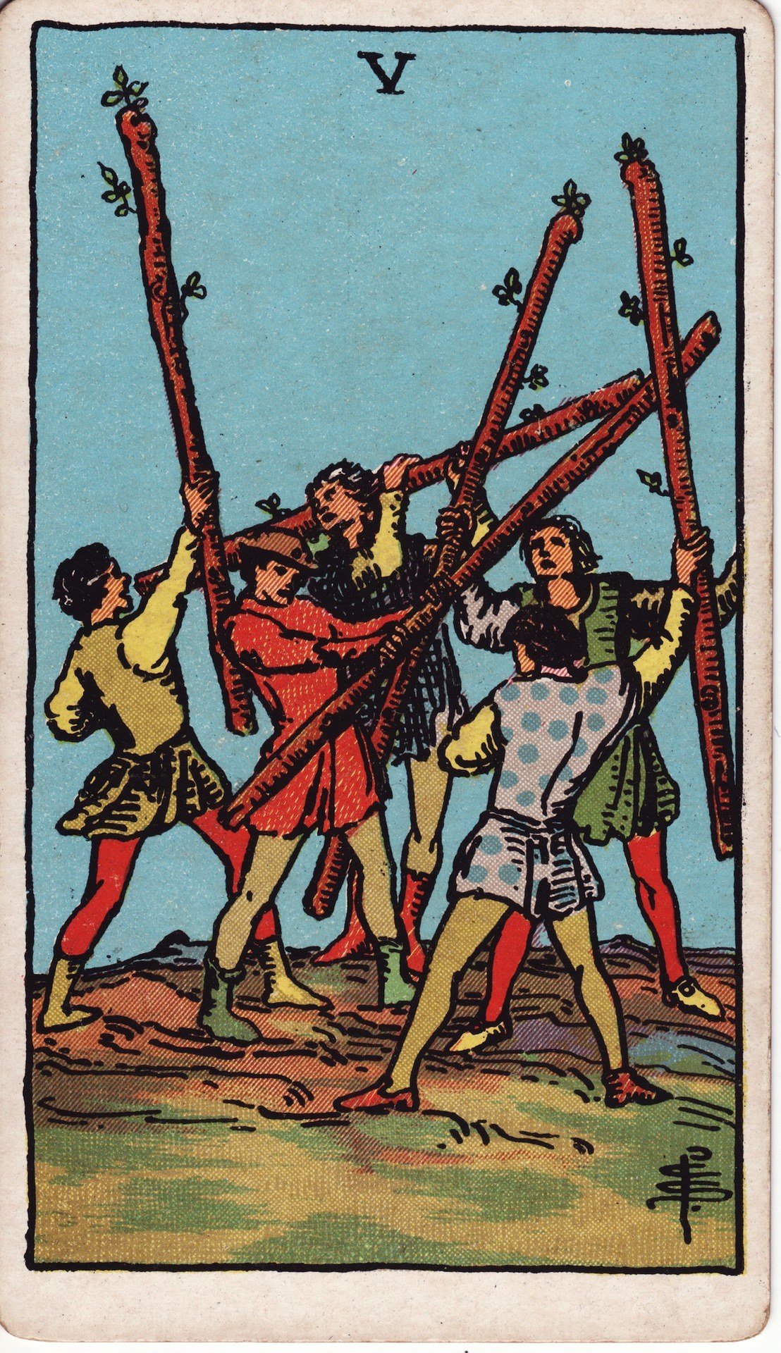 The Five of Wands from the Rider-Waite-Smith tarot deck: five young men brandish wooden staves at each other in a chaotic mock battle, no clear winner among them.