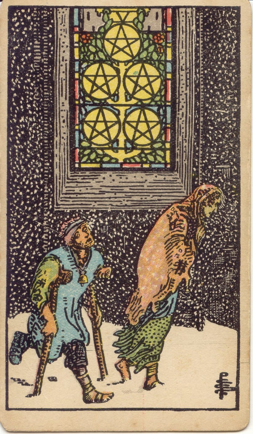 The Five of Pentacles from the Rider-Waite-Smith tarot deck: two ragged figures limp through snow past a church window glowing with five golden pentacles, one on crutches and one barefoot.
