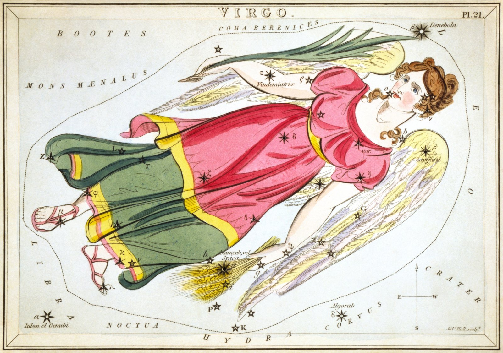 Urania's Mirror plate 21 showing the constellation Virgo, with the star Spica labeled near her sheaf of wheat.