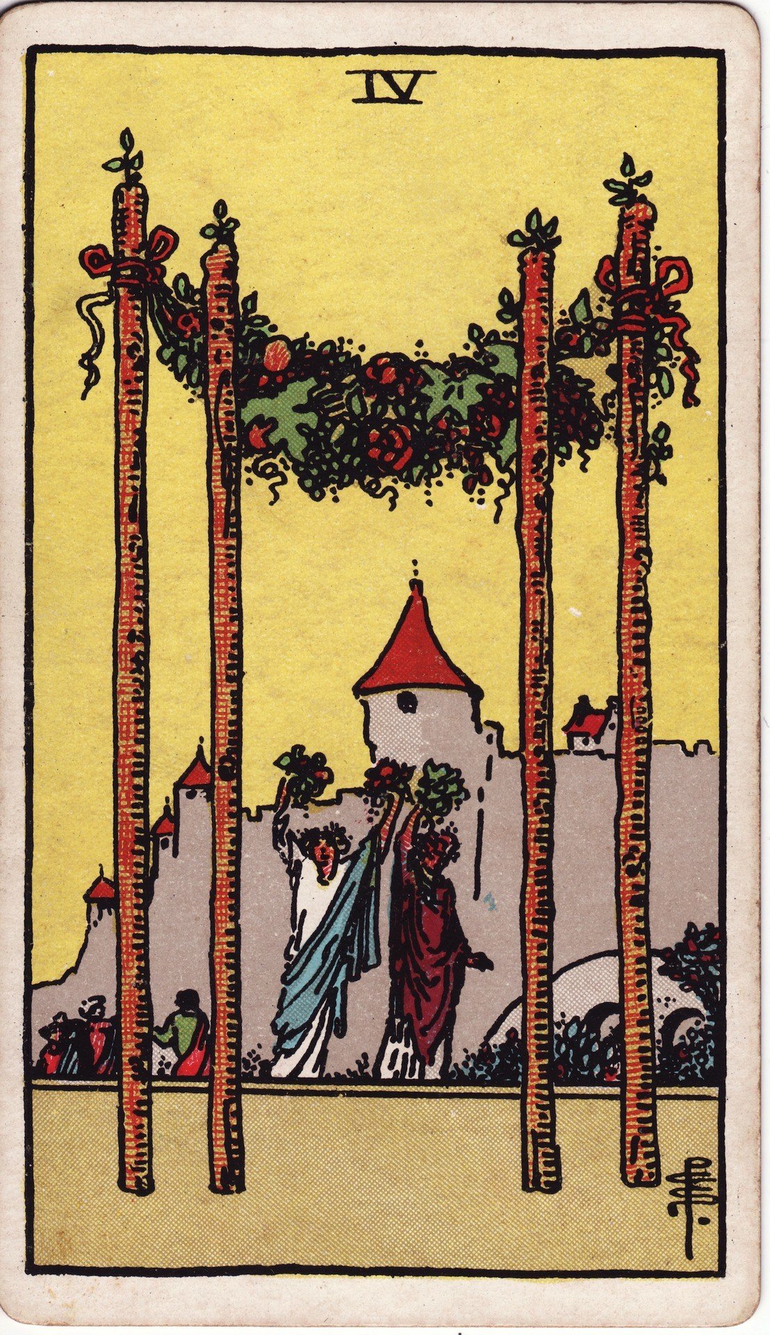 The Four of Wands from the Rider-Waite-Smith tarot deck: four tall wands wrapped in garlands form a canopy over a celebrating couple, a castle visible behind them.