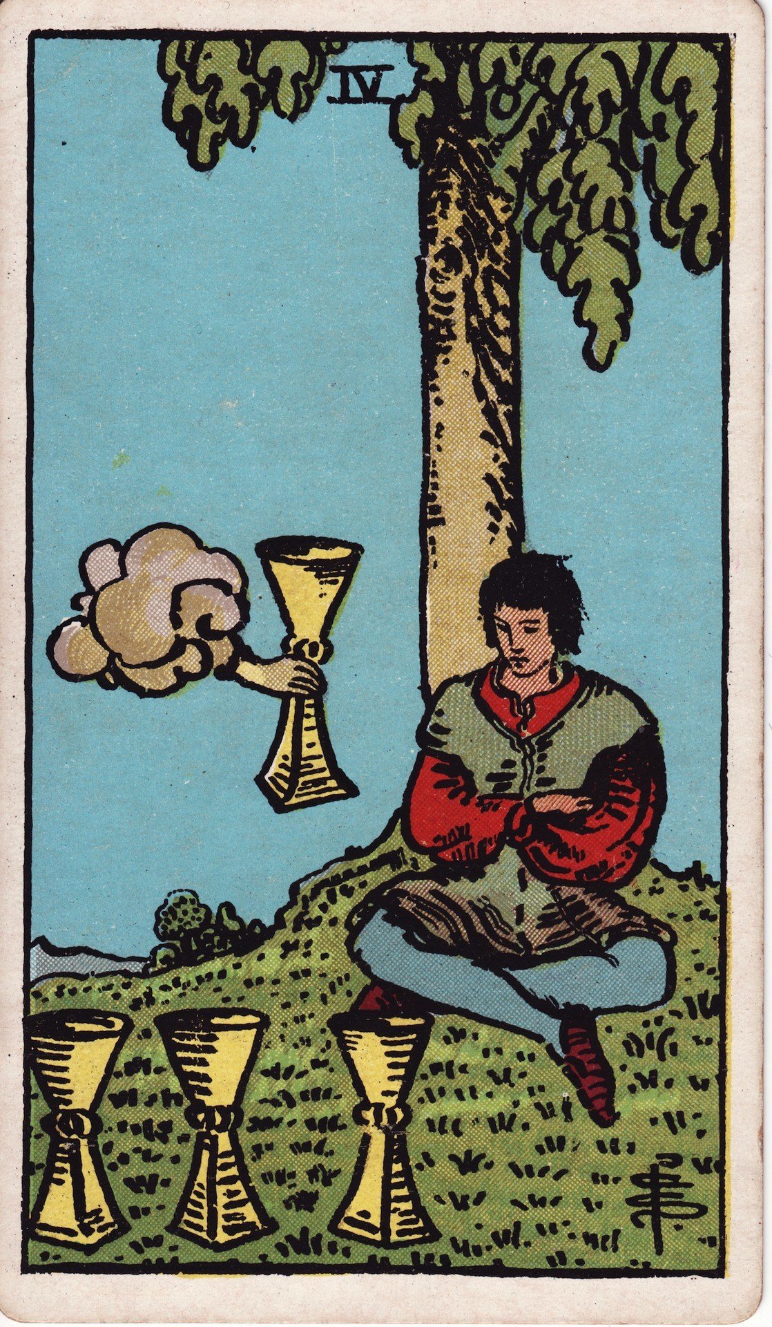 The Four of Cups from the Rider-Waite-Smith tarot deck: a young man sits under a tree with arms crossed, three cups on the ground before him, while a hand from a cloud offers a fourth cup he does not look at.