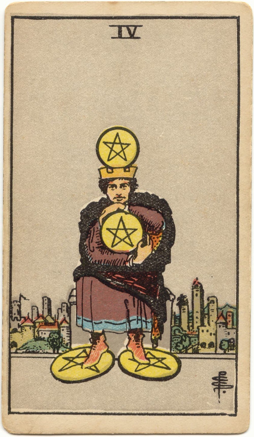 The Four of Pentacles from the Rider-Waite-Smith tarot deck: a crowned figure sits clutching a large gold pentacle to his chest, one under each foot and one balanced on his crown, against a city backdrop.