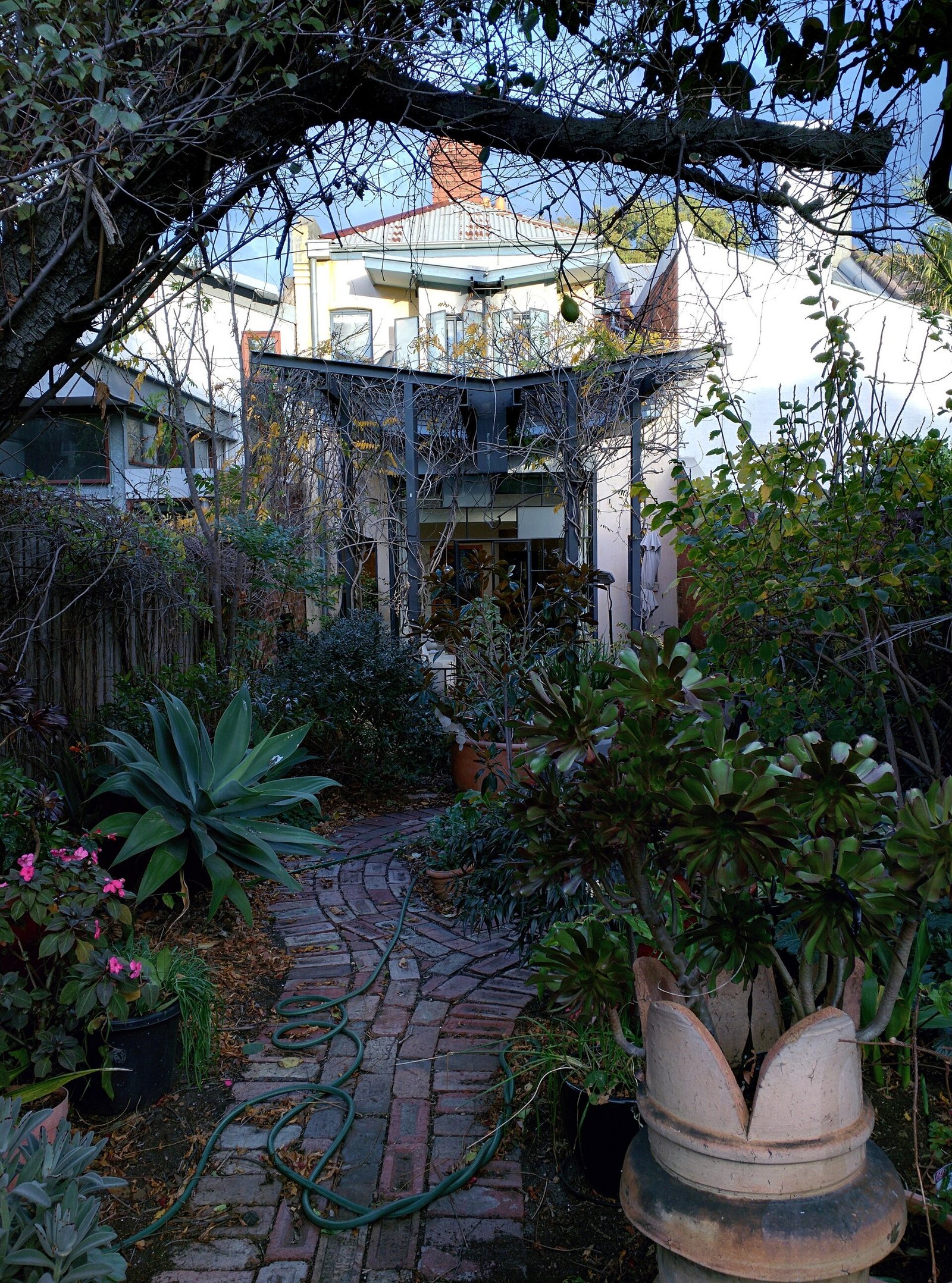 A house exterior with a glass conservatory and a lush garden