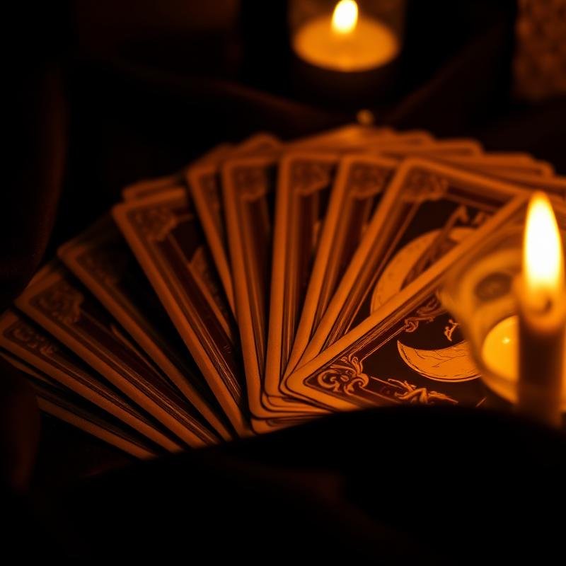 Tarot cards fanned out in warm candlelight