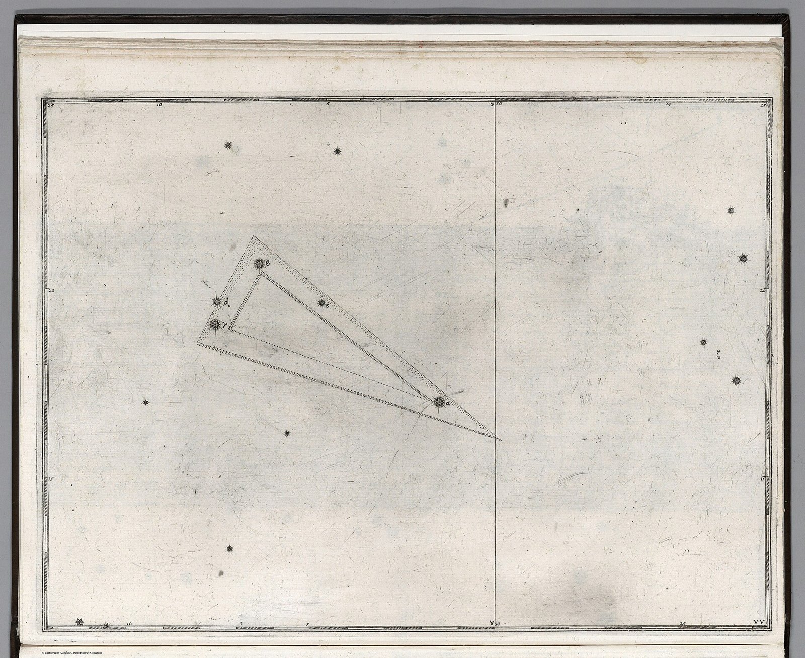 An antique star atlas page showing the Triangulum constellation