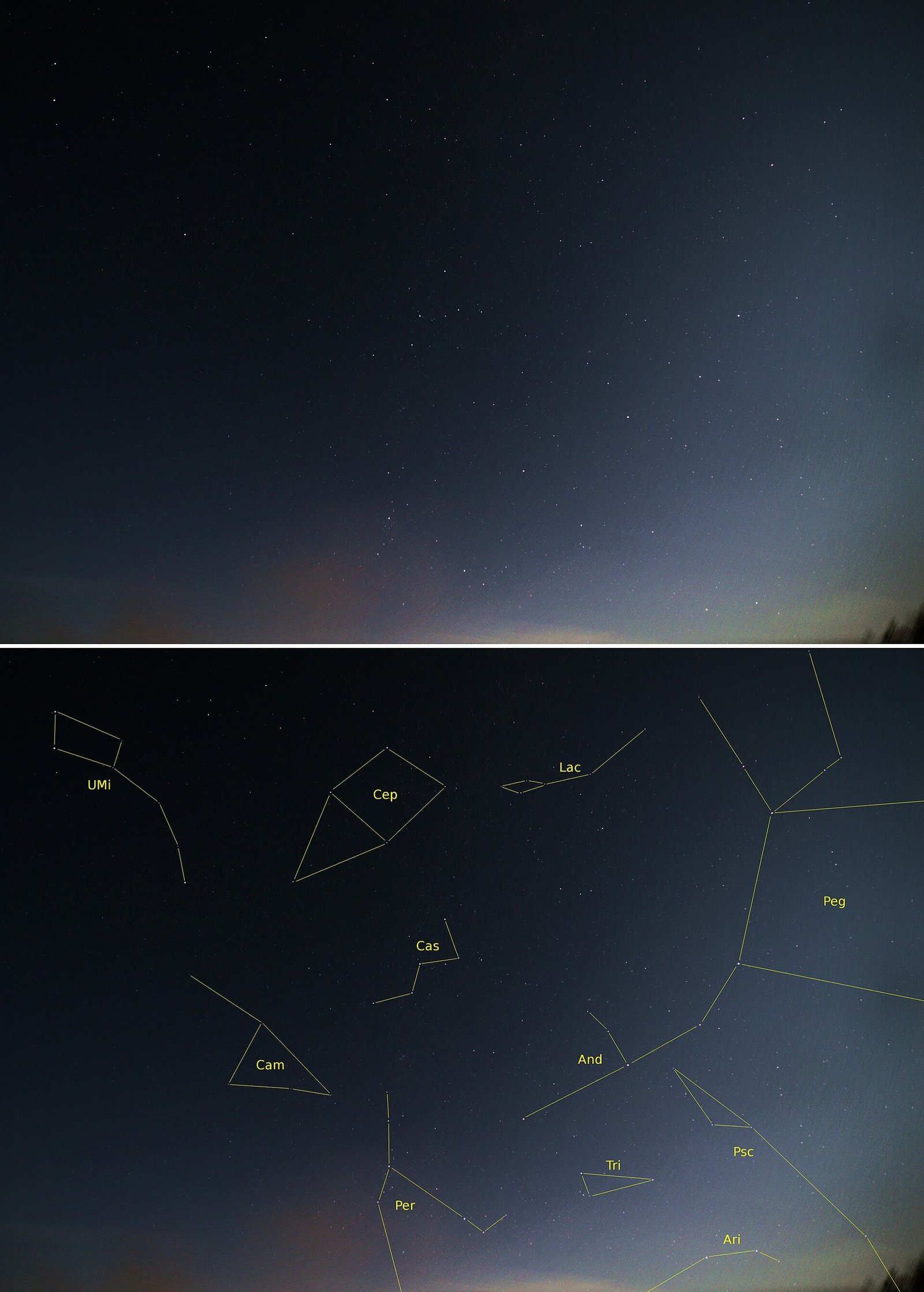 A night sky photograph with constellation lines and labels drawn in