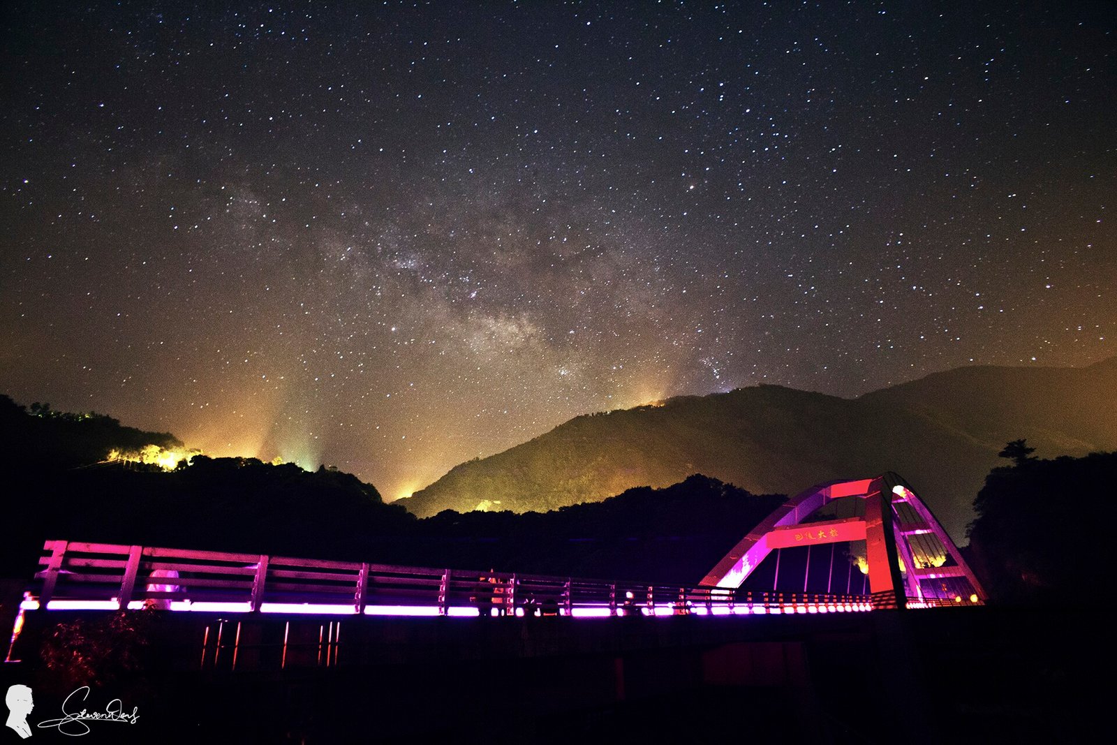 A starry sky over an illuminated bridge at night