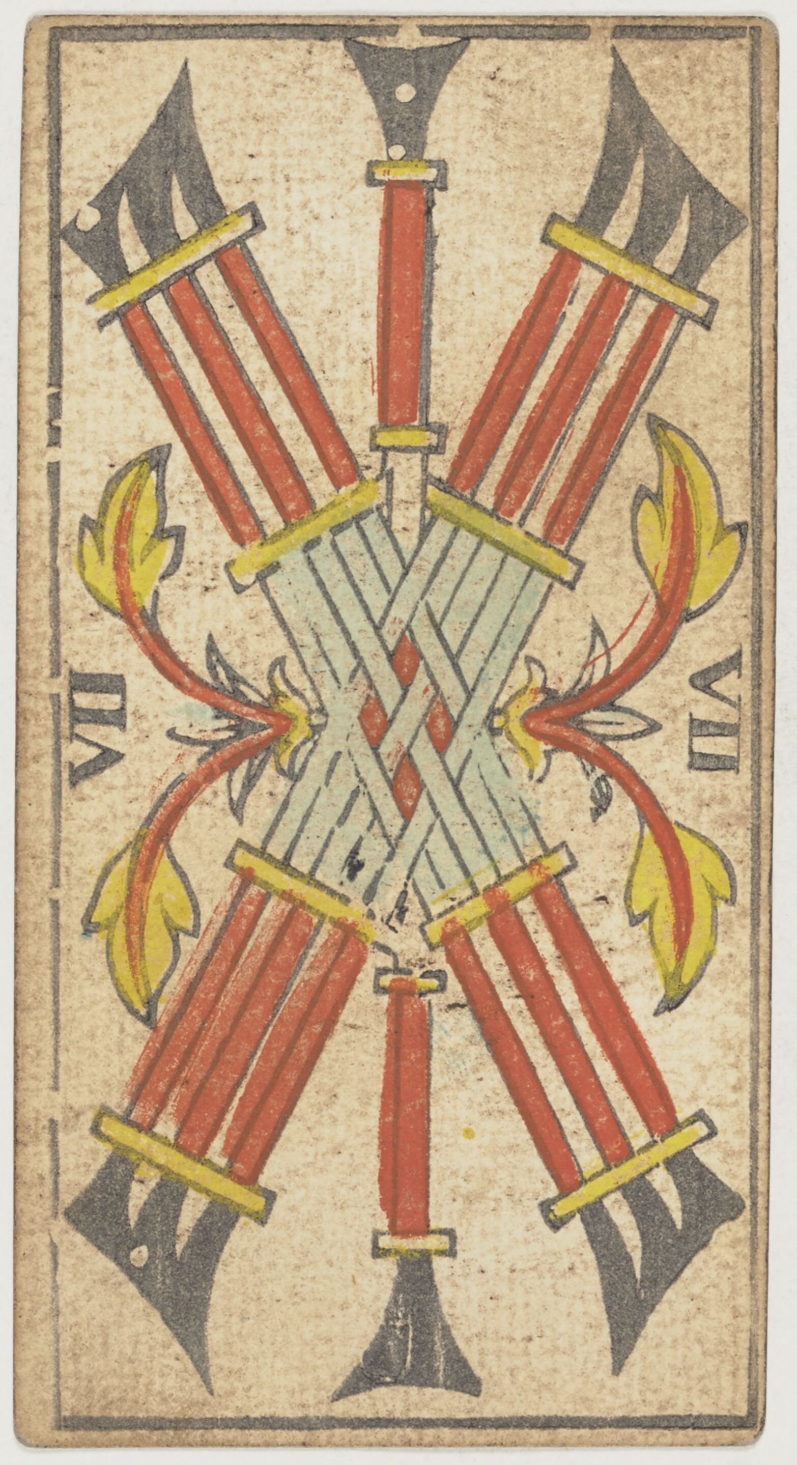 Six of Swords from Nicolas Conver's Tarot de Marseille deck, showing crossed swords in red, yellow, and blue