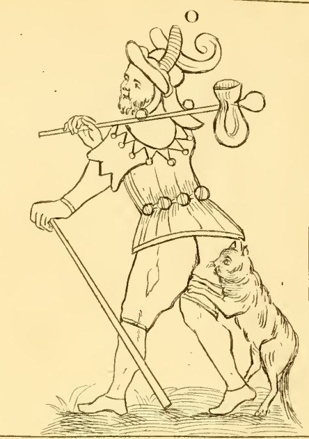 Line drawing of the Fool from Antoine Court de Gebelin's 1781 Monde primitif, showing a traveler with a staff and a dog