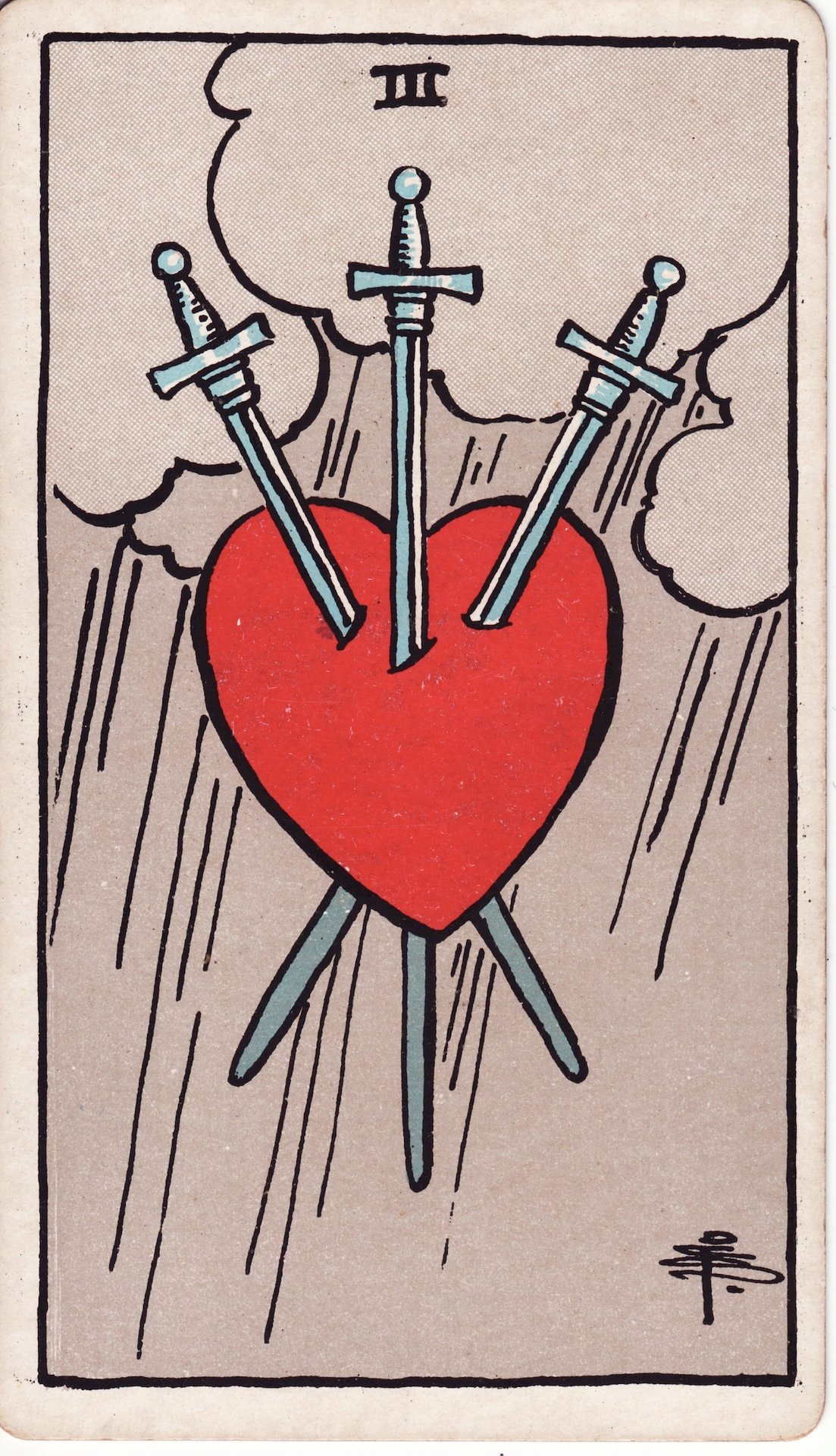 The Three of Swords from the 1909 Rider-Waite-Smith deck, showing a red heart pierced by three swords under dark rain clouds