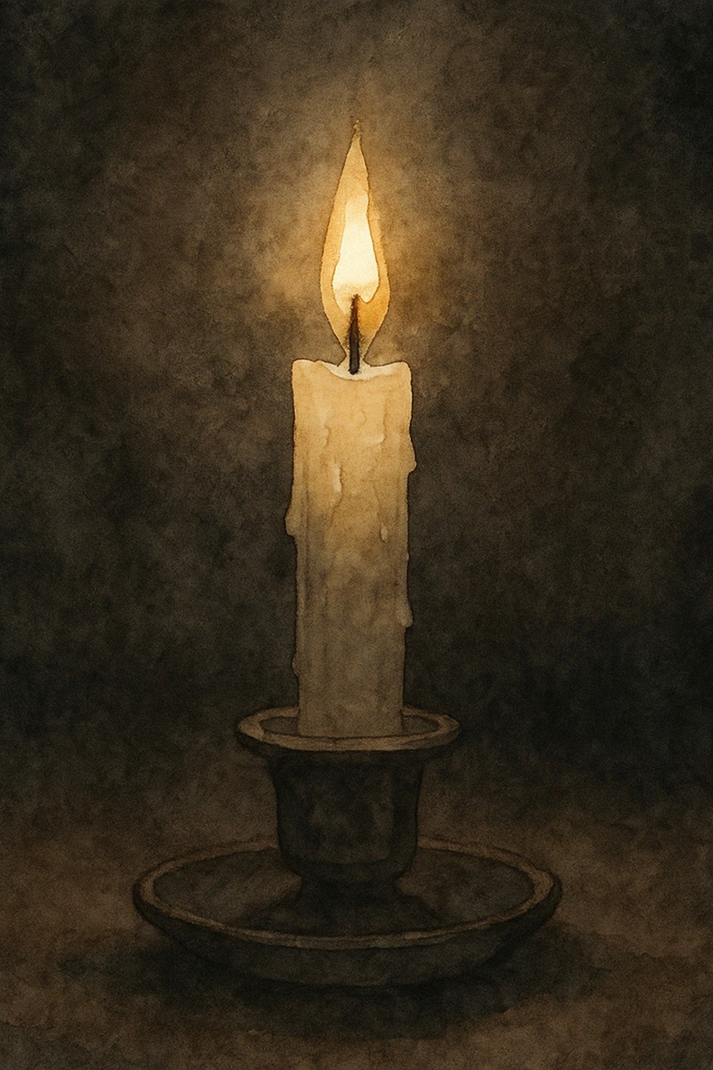 A single lit candle glowing in a dark room.