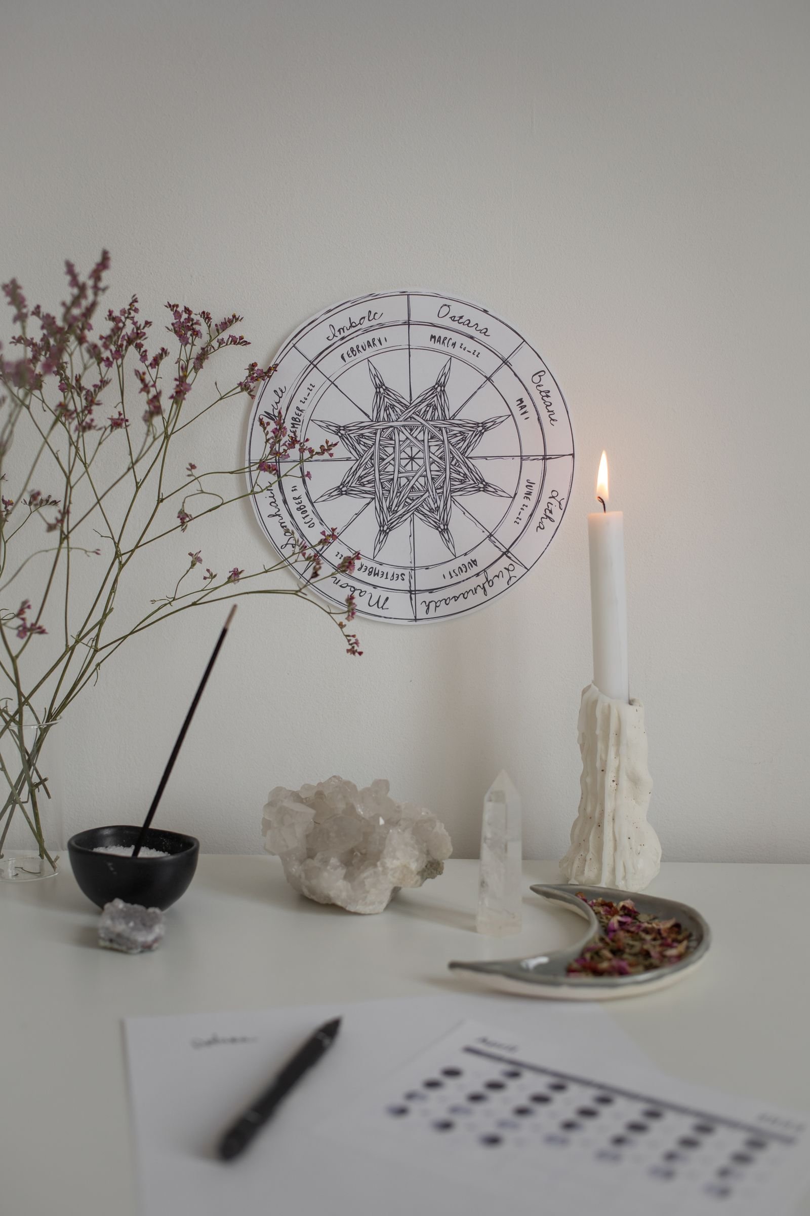 A wheel-of-the-year chart on a wall above a desk with a lit candle, crystals, and flowers