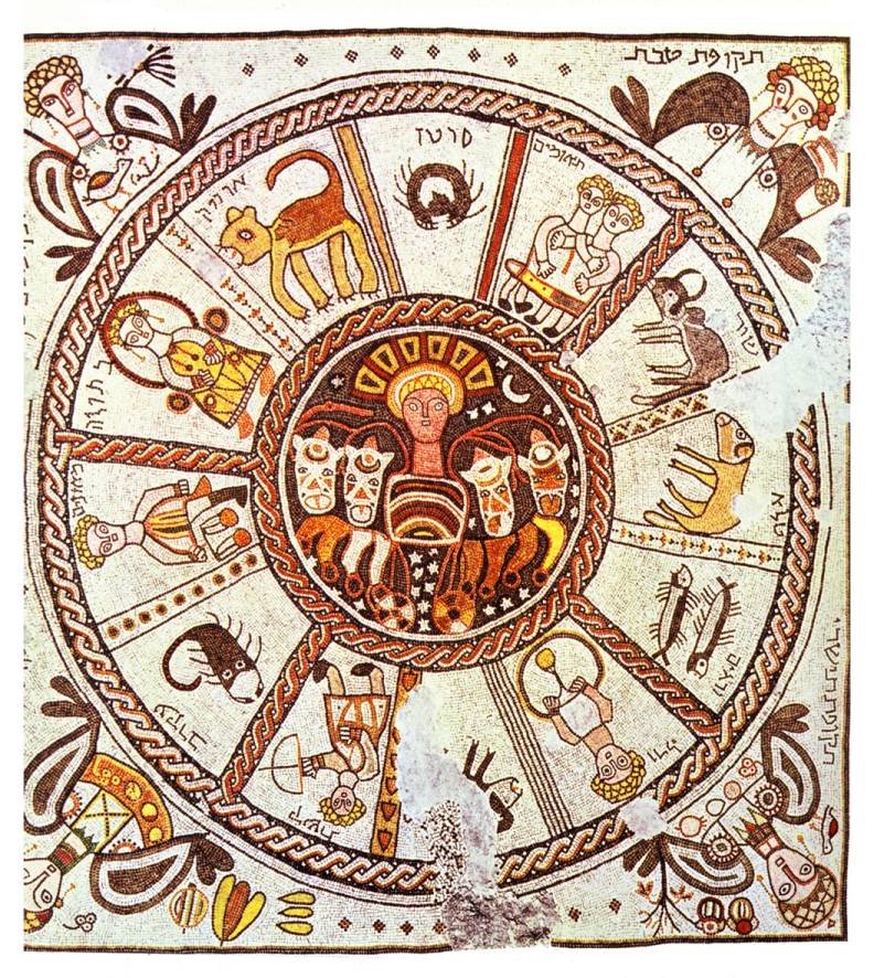 The ancient zodiac mosaic from the Beit Alfa synagogue, showing the twelve signs in a circle