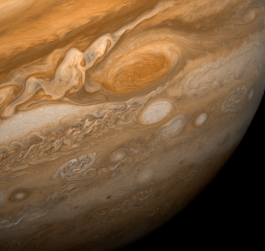 Jupiter's Great Red Spot and surrounding cloud bands photographed by Voyager 1.