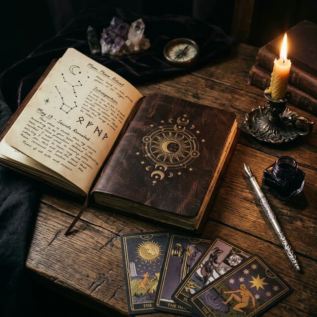 An open journal with handwritten notes next to tarot cards, a lit candle, and a pen on a wooden table