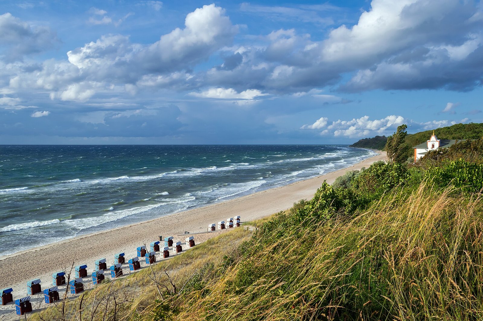 Waves rolling onto a beach with rows of blue beach chairs under a blue sky