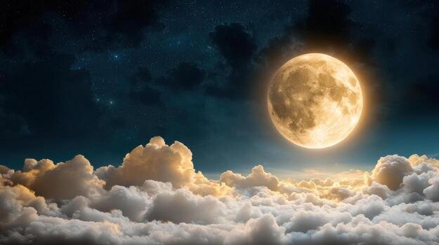 A full moon in the sky over clouds