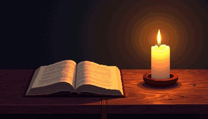 An open book beside a lit candle on a wooden table in the dark