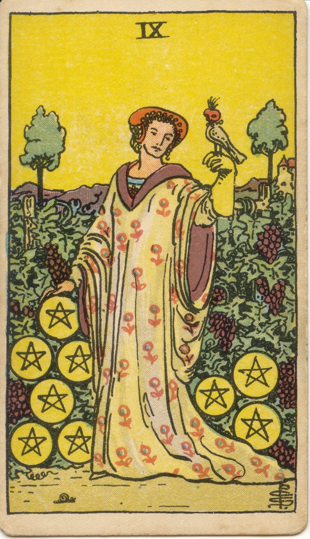 The Nine of Pentacles from the Rider-Waite-Smith tarot deck: an elegant woman stands in a lush vineyard garden with a falcon on her gloved hand, nine golden pentacles hanging among the vines.