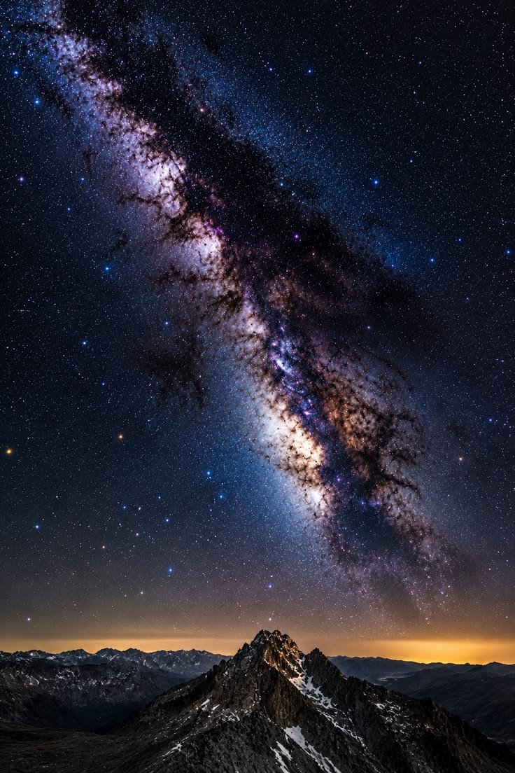 The Milky Way over a snow-dusted mountain peak at night