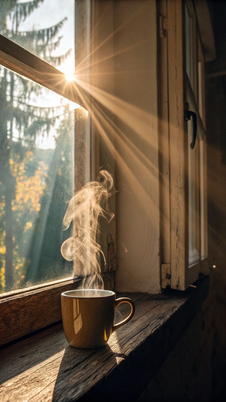 A cup of coffee beside a sunlit window in the morning.