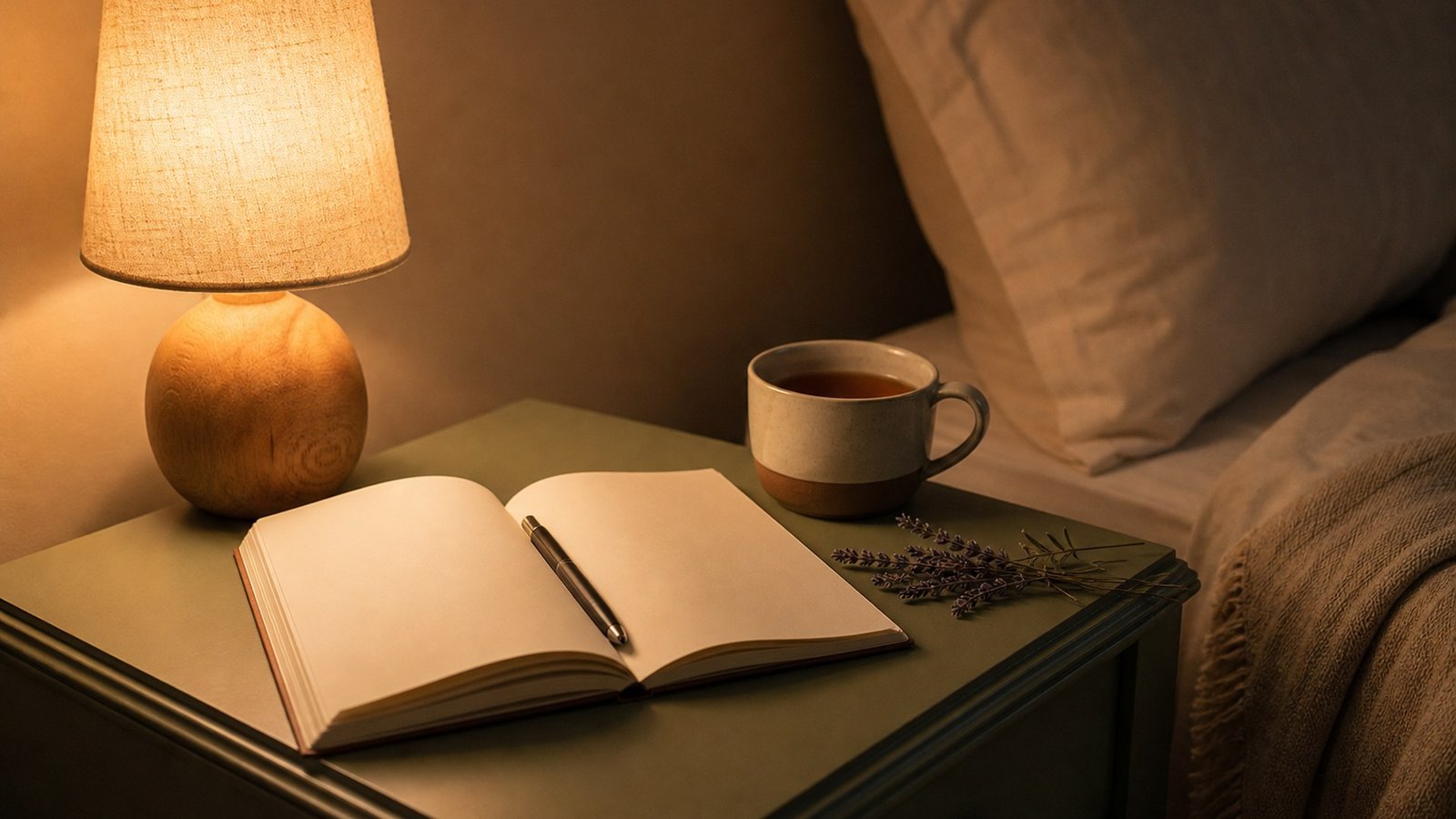 A journal open on a bed with a warm lamp glowing nearby at night.