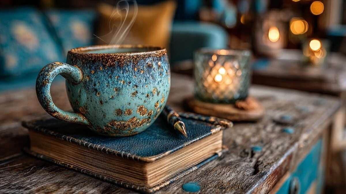A cup of tea beside an open notebook at dusk.