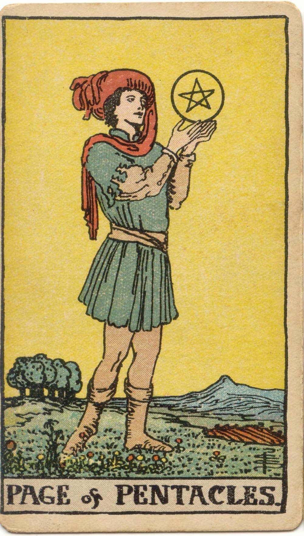 The Page of Pentacles from the Rider-Waite-Smith tarot deck: a young person in a green tunic stands in a field holding a large golden pentacle up to the light, studying it intently.