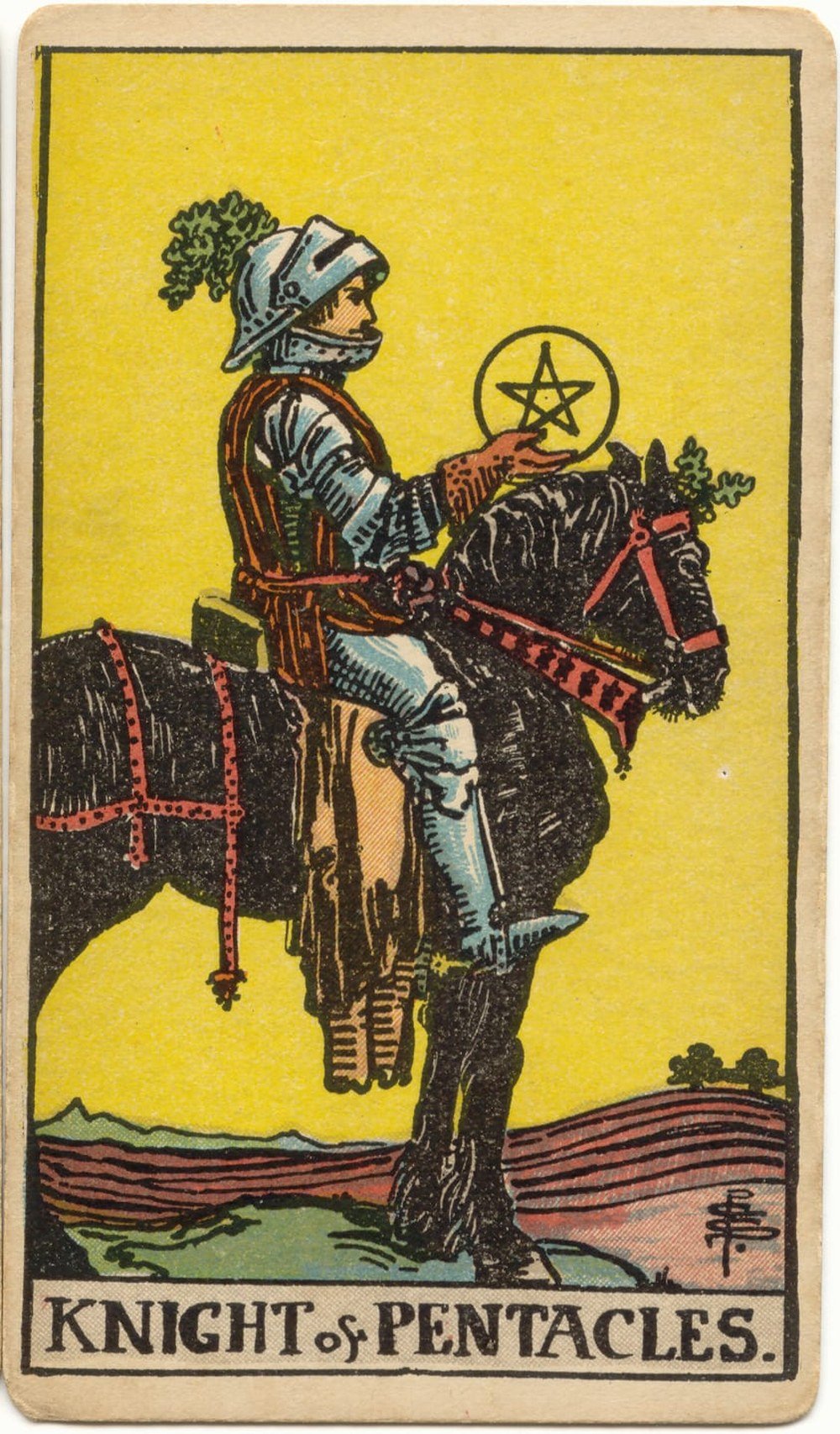 The Knight of Pentacles from the Rider-Waite-Smith tarot deck: an armored knight on a heavy black workhorse holds a golden pentacle, gazing steadily ahead across a plowed field.