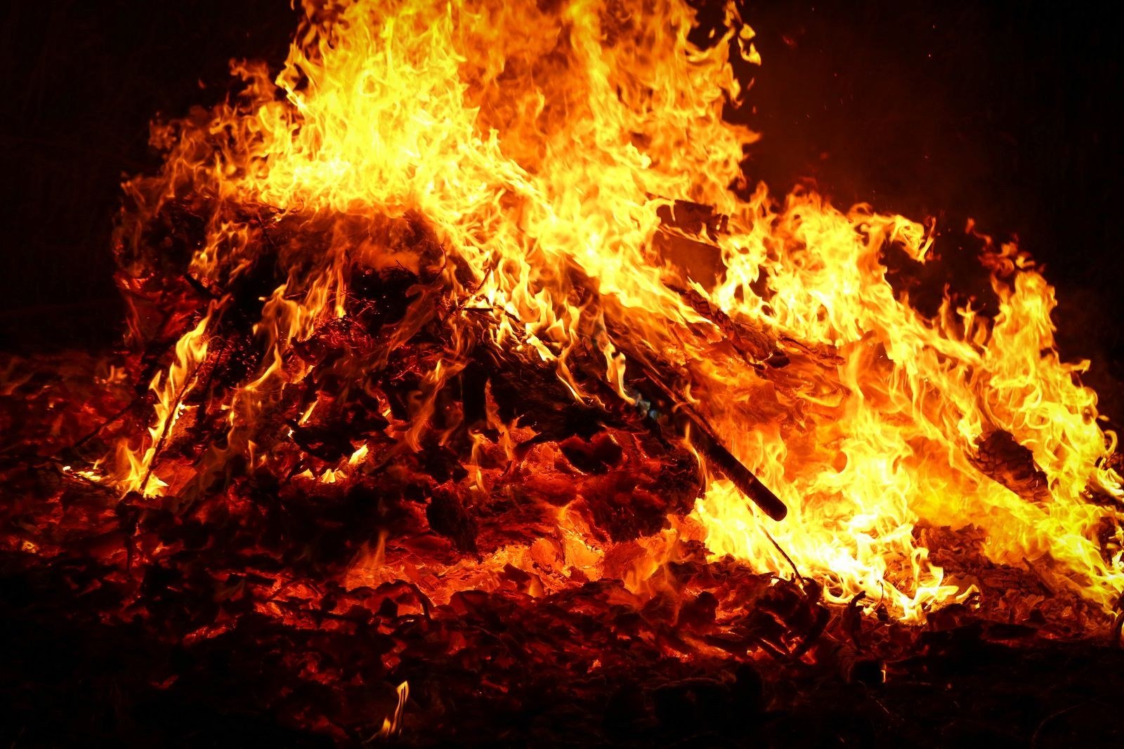 Intense bonfire flames with glowing embers against a black background.