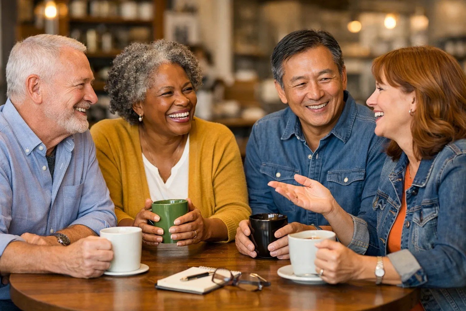 Four friends laughing together around a cafe table with coffee mugs