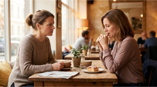Two women talking over coffee at a cafe table near a window