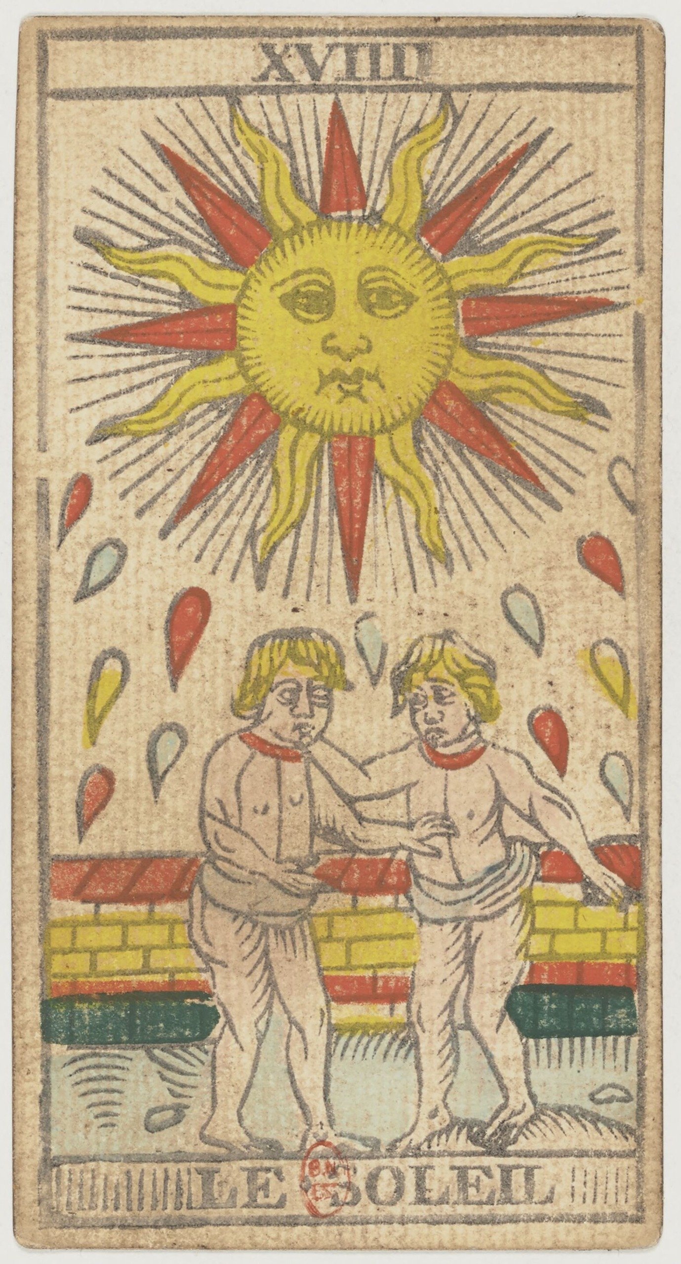 The Sun card (Le Soleil) from a Marseille-style tarot deck, showing the woodcut art and French title