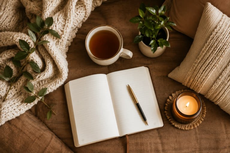 An overhead view of a tea cup, a lit candle, and a journal on a table