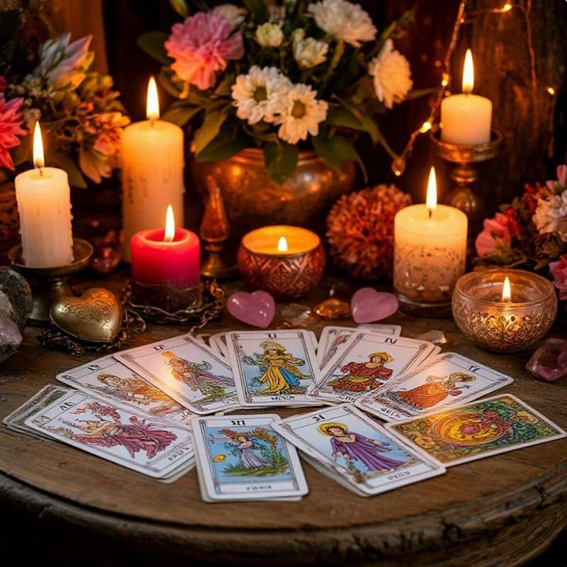 Tarot cards spread on a wooden table surrounded by lit candles and flowers