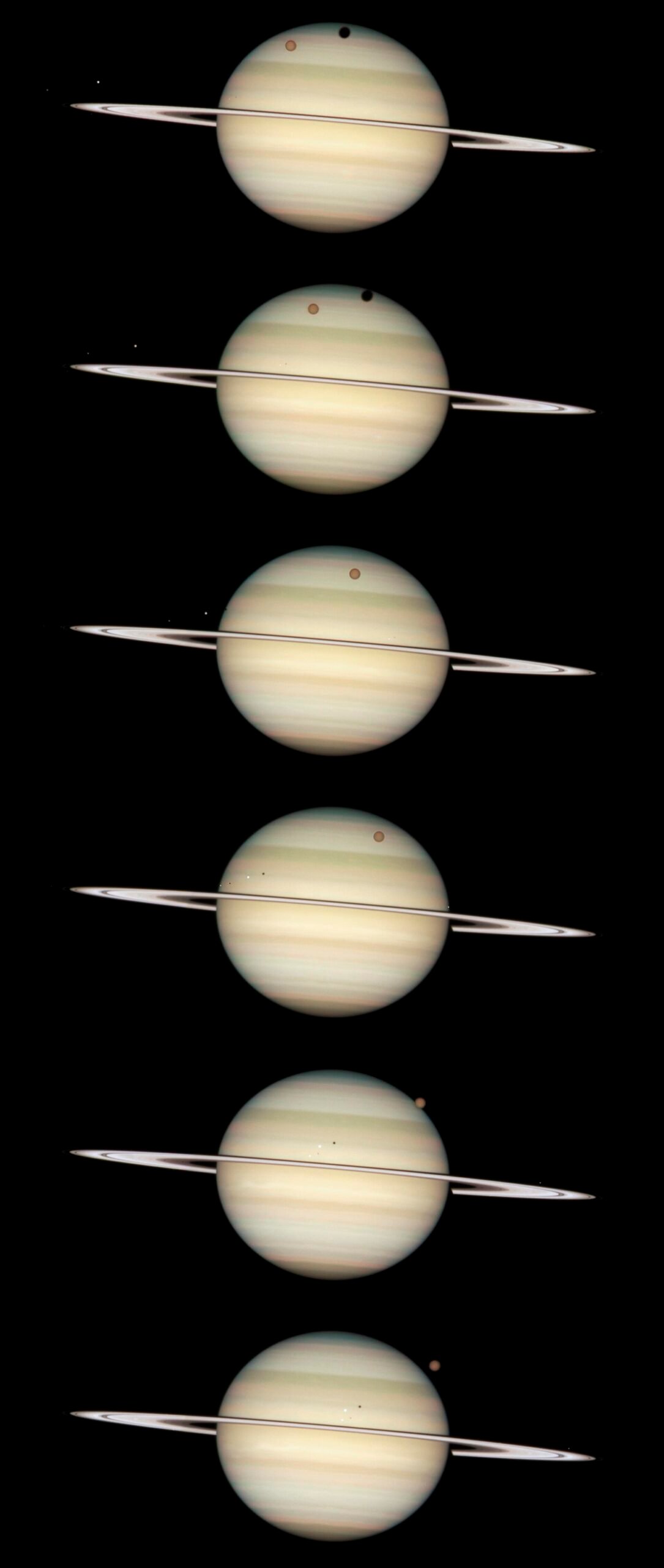 A vertical sequence of six Hubble telescope photos showing Saturn as its moons cross the planet's face.