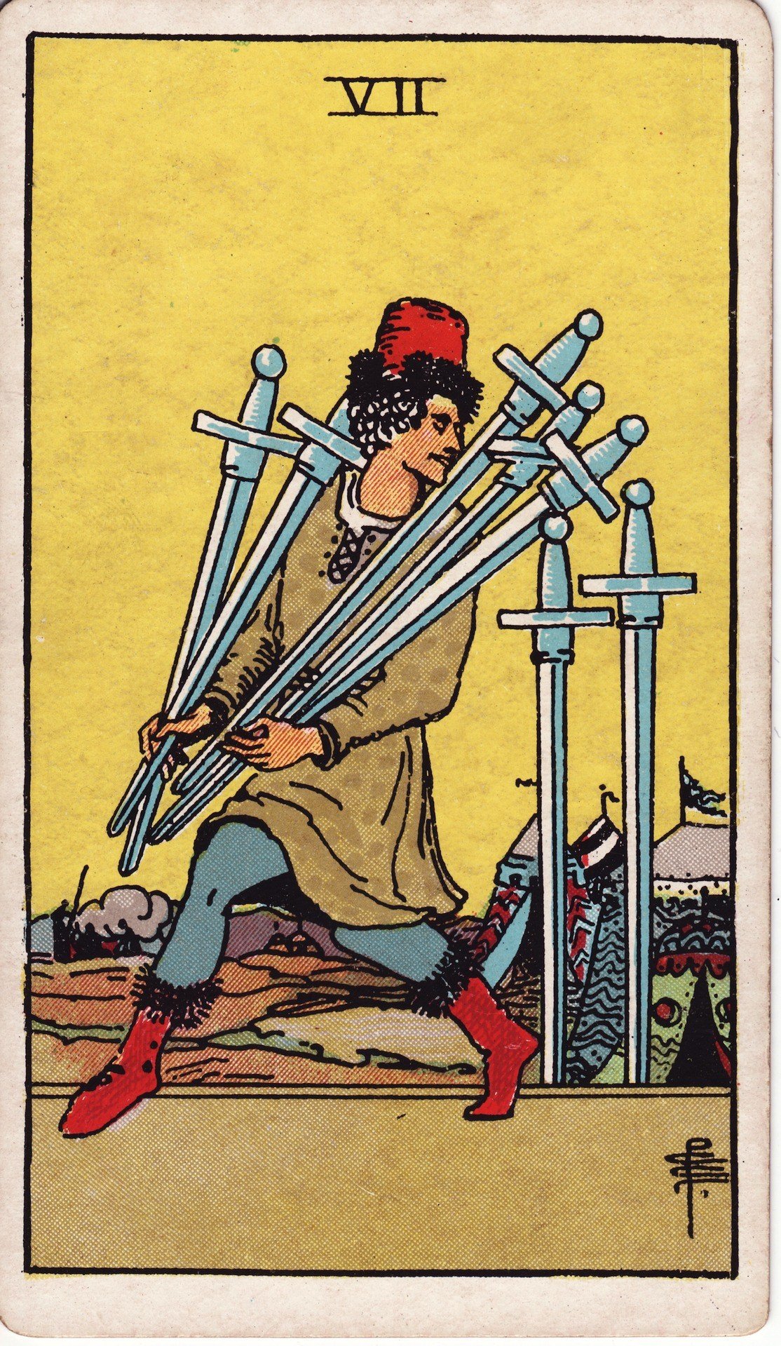 The Seven of Swords from the Rider-Waite-Smith tarot deck: a man tiptoes away from a camp carrying five swords, looking back over his shoulder, two swords left planted in the ground.