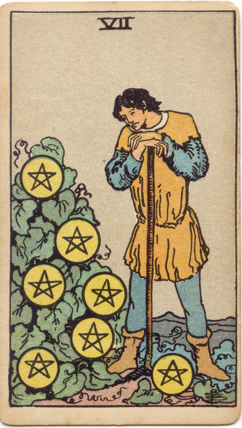 The Seven of Pentacles from the Rider-Waite-Smith tarot deck: a farmer leans on his hoe gazing at a bush bearing seven golden pentacles, pausing to assess the growing crop.