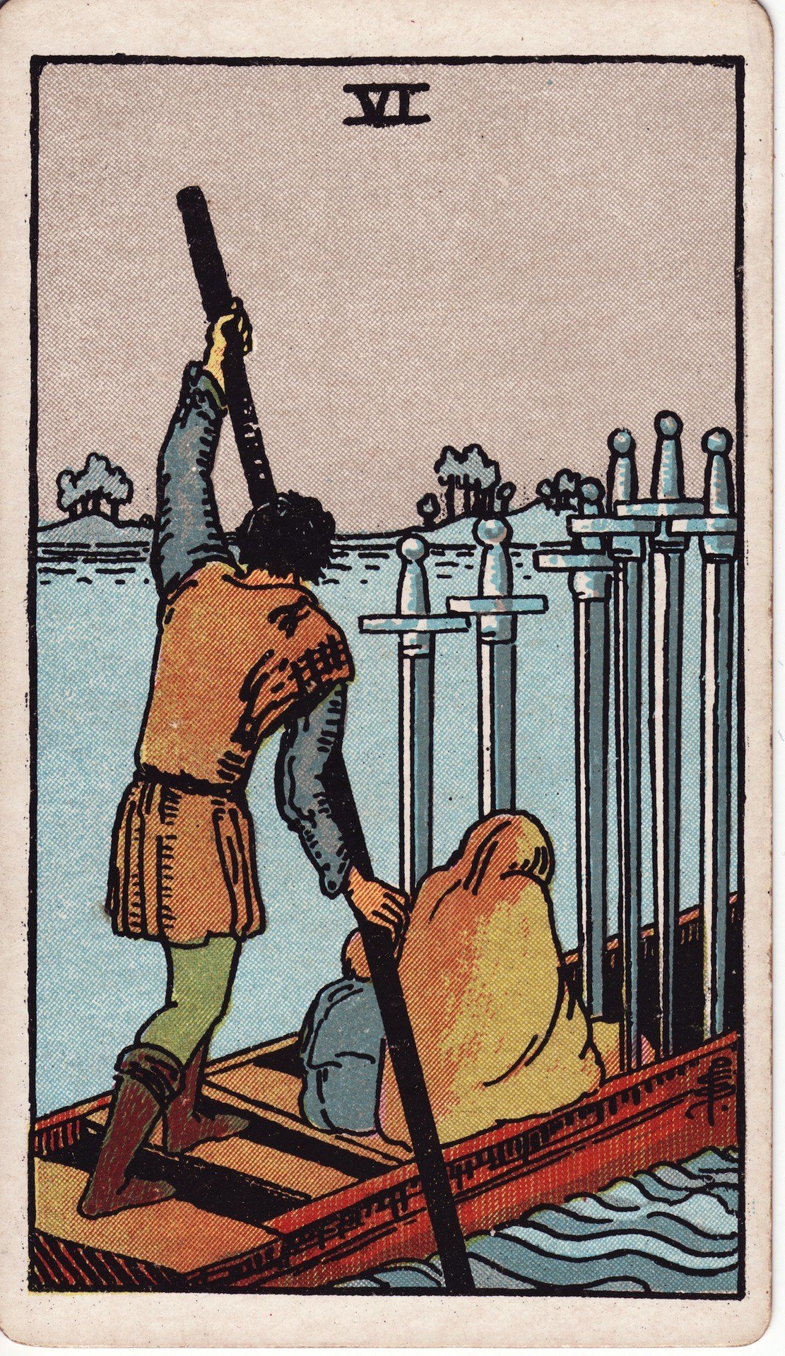 The Six of Cups from the Rider-Waite-Smith tarot deck: a small boy offers a cup of flowers to a little girl in a walled garden, five more cups of flowers standing around them.